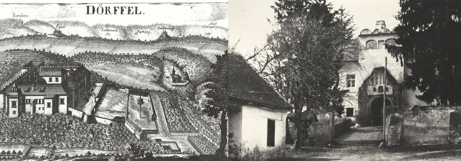 linkes Bild (historische Zeichnung von oben), rechtes Bild (Haus mit großen Toreingang)